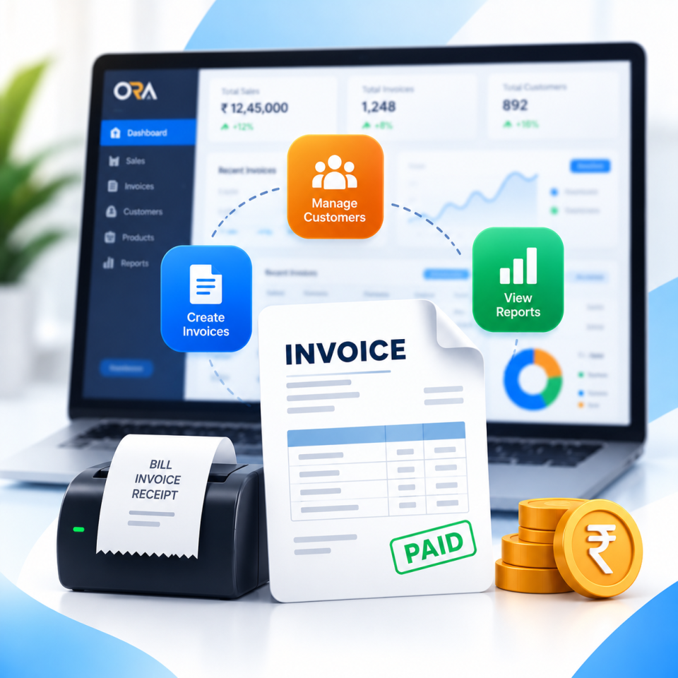 Cloud Billing and Invoice Software dashboard displaying sales analytics, invoice generation, thermal/A4 receipt printing, and payment status tracking