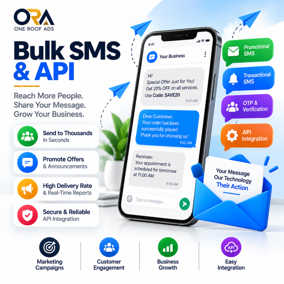 Bulk SMS and RCS messaging illustration showing promotional SMS, transactional alerts, OTP verification, and API integration