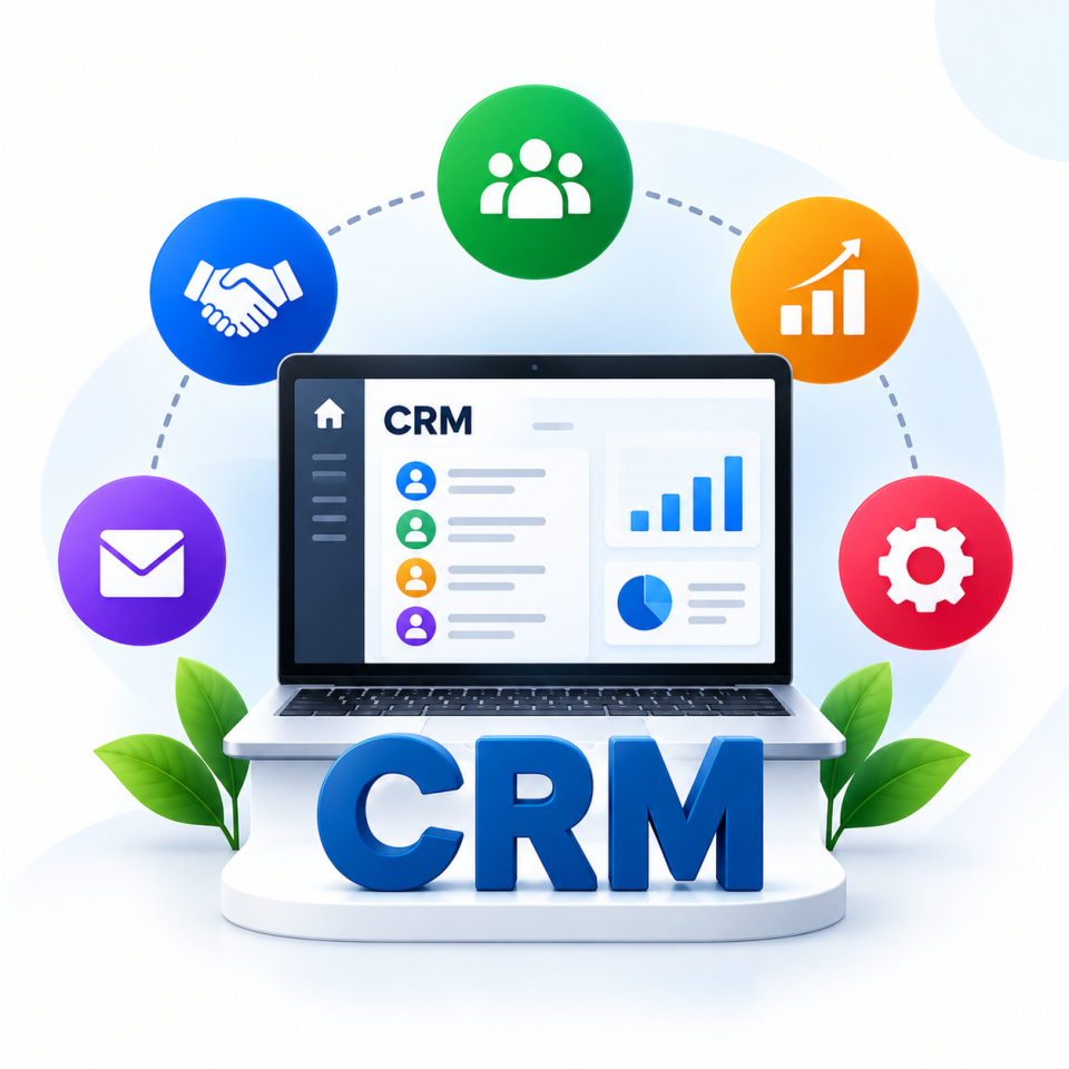 Custom CRM dashboard interface showing lead management, sales pipelines, customer records, automated follow-ups, and performance analytics