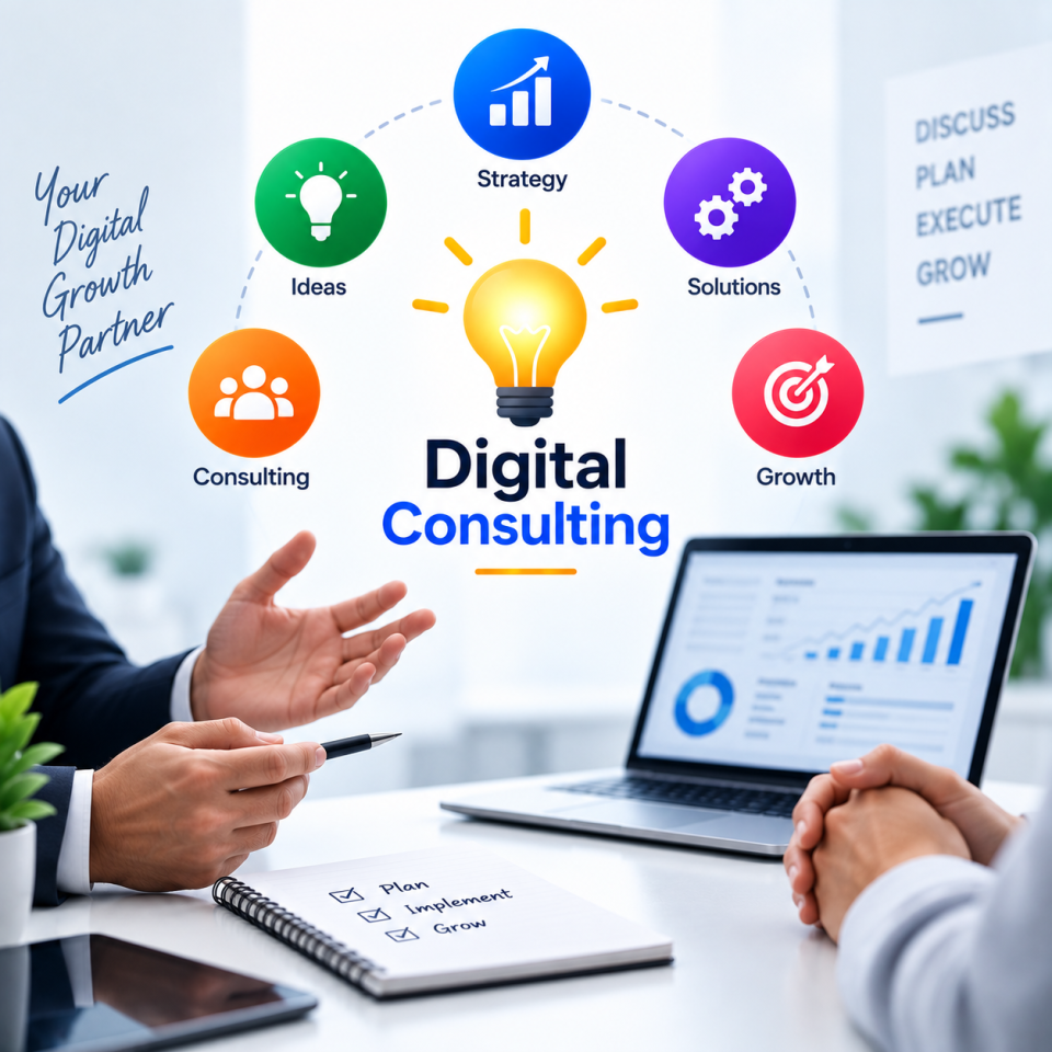 Digital Consulting session showing strategic planning, business process assessment, technology selection, and growth analytics