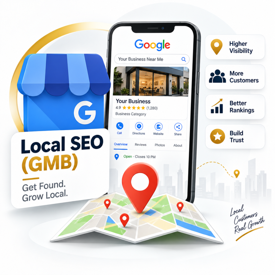 Google Business Profile and Local SEO ranking dashboard showing Google Maps pins, local search visibility, and customer review workflows