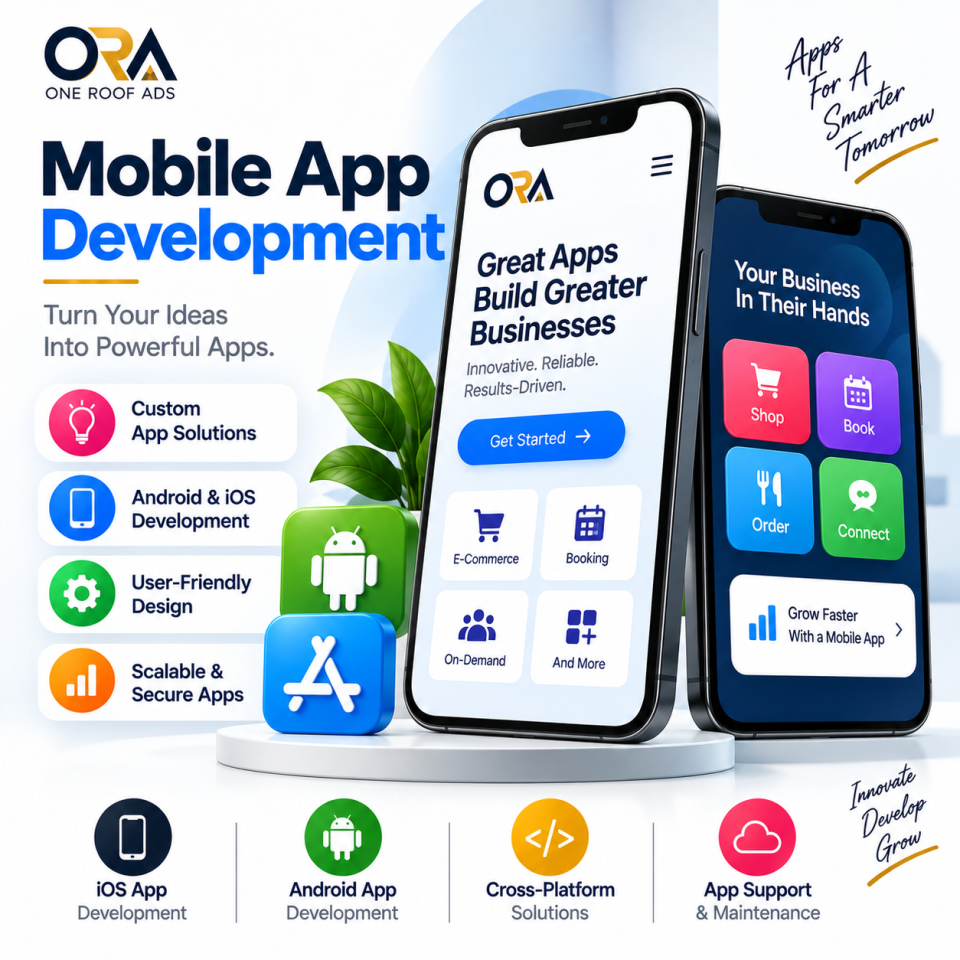 Mobile App Development showcase displaying Android and iOS interfaces for e-commerce, booking, and on-demand business applications
