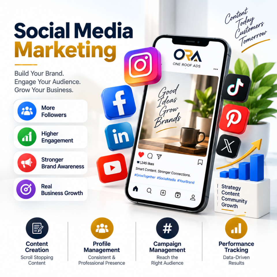 Social Media Marketing showcase featuring Instagram, Facebook, LinkedIn, YouTube, and X content creation, profile management, and analytics